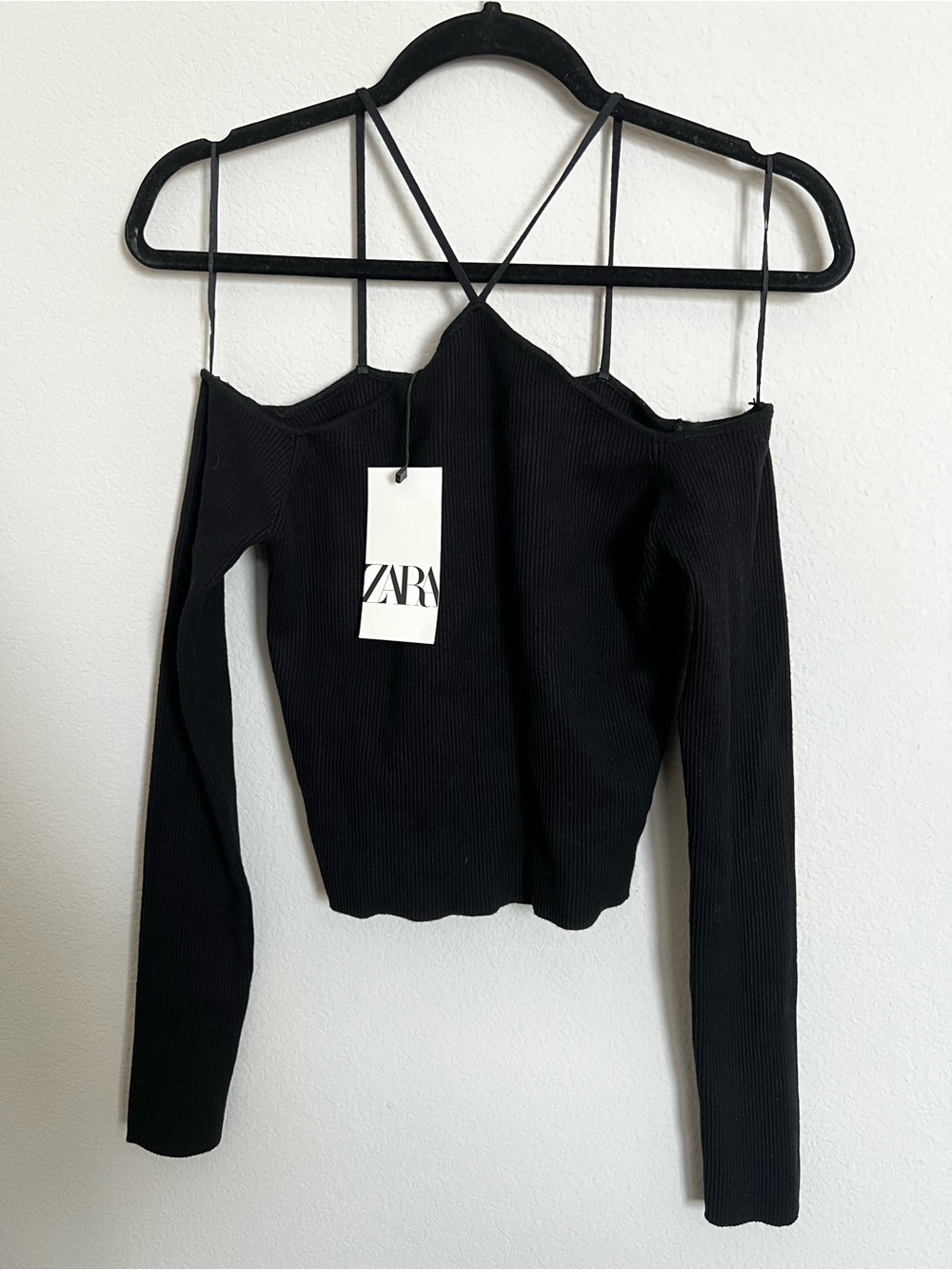 ZARA Black Ribbed Cold-Shoulder Long-Sleeve Top